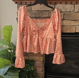 Peach Love California Orange Bell Sleeve Tie Front Blouse